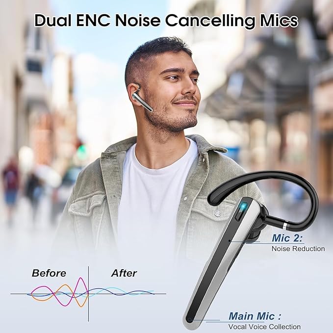 Bluetooth Headset V5.3, Wireless Earpiece with Dual ENC Noise Canceling Mic, 120H Hand-Free Talk Single-Ear Bluetooth Earpiece with LED Display, IP7 Waterproof Headphones for Office/Trucker/Business