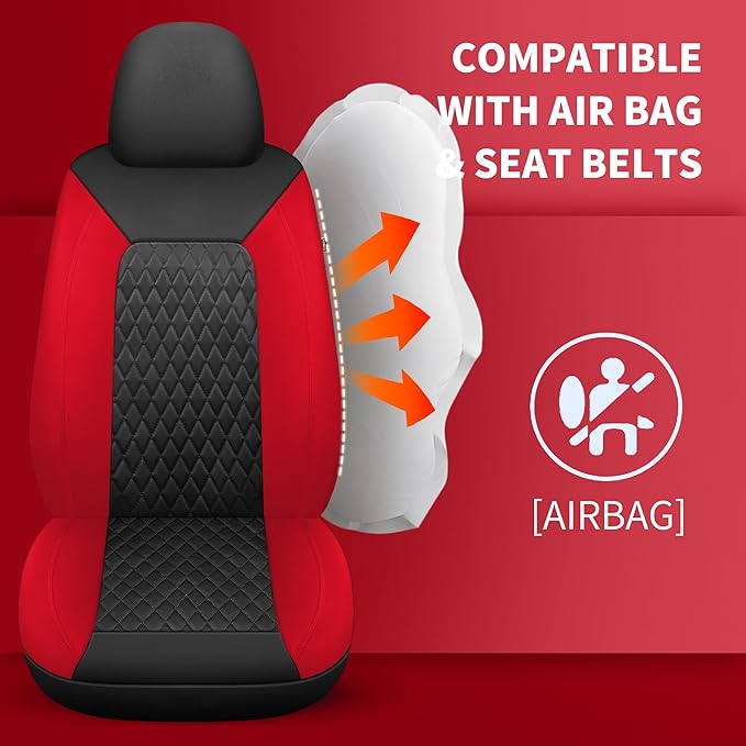 Red Car Seat Covers,Breathable and Waterproof Seat Cover Full Set,PU Premium Universal Fit Automotive Airbag Compatible for Cars Sedans SUVs Vans and Trucks(Full Seat,Black+Red,N1)