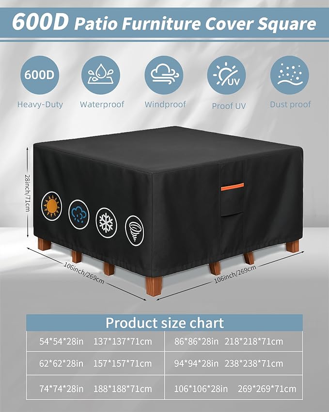 Outdoor Waterproof Furniture Cover, 106W x 106L x 28H inches Heavy Duty 600D Square Table and Chair Set Protection, Black
