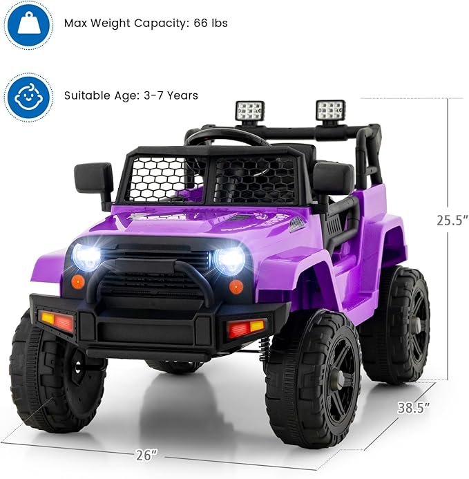 OLAKIDS Kids Ride On Truck, 12V Electric Vehicle Jeep Car with Remote Control, Toddlers Battery Powered Toy with 2 Speeds, Spring Suspension, Double Open Doors, LED Light, Music, TF, USB, Mp3 (Purple)