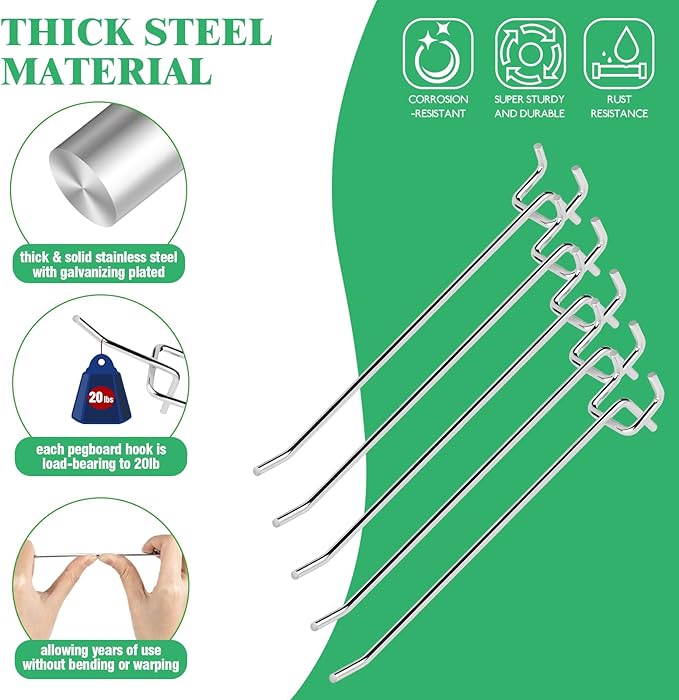 50Pcs 8"/20CM Pegboard Hooks Assortment Set, Metal Peg Board Hooks with 2.5mm Hole Pitch 4mm Wire Diameter Slatwall Hanging Hook for Garage Organization Wall Hanging (Silver)