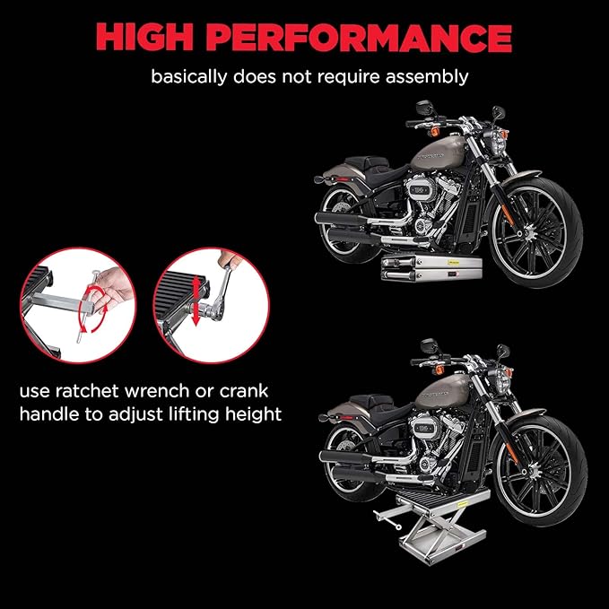 CXRCY 1200 LBS Motorcycle Lift Scissor Jack Stainless Steel Finish Upgraded Dirt Bike ATV Steel Motorcycle Hoist Stand with Ratchet Wrench,Crank Handle,Thickened Rubber Pad,Wide Deck