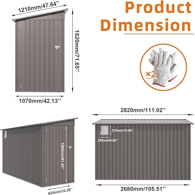 4 x 9 FT Lean to Shed with Windows, Metal Sheds & Outdoor Storage with 2 Vents and 1 Side Open Door, Outdoor Storage Shed Waterproof for Backyard, Garden, Patio, Gray