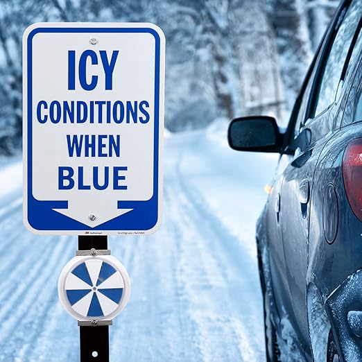 SmartSign Icy Conditions When Blue Sign with Down Arrow - 18 x 12 inch, 63 mil Aluminum, 3M Laminated Engineer Grade Reflective Material, Blue and White, Made in USA