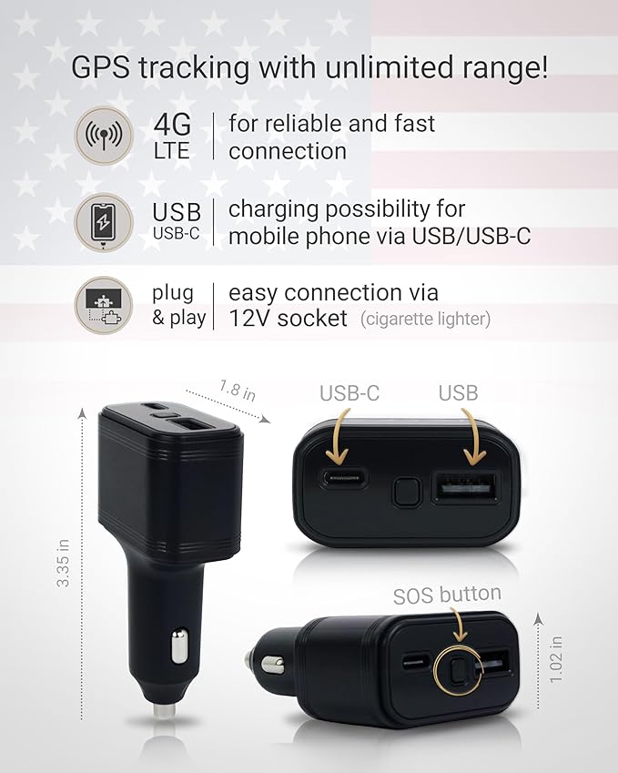 PAJ GPS USB GPS Tracker 4G – Mini Vehicle Tracker for Cars & Trucks – Direct 12V Connection via Cigarette Lighter Port, Built-in SOS Button – Worldwide Real-Time Tracking via App