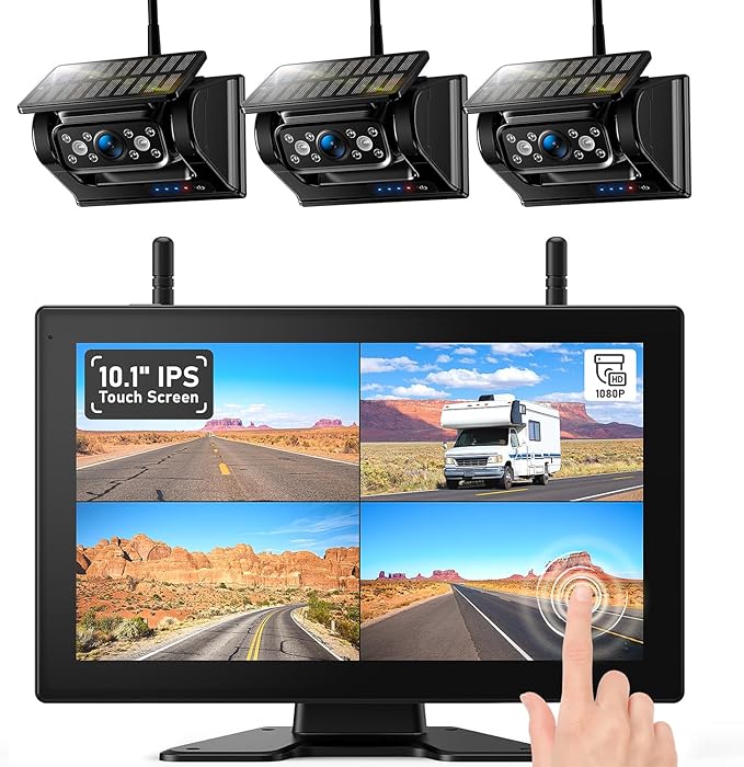 3 Magnetic Solar Wireless Backup Camera HD1080P Loop Recording 10.1 Inch Touchscreen Monitor, Quad RV Rearview Backup Cameras Wireless System for RV Trailer Tractor Truck, BL103
