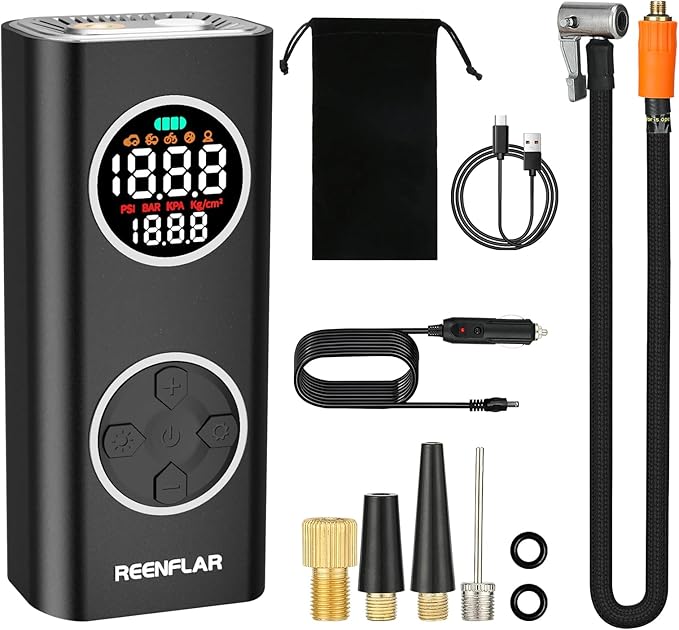Cordless Tire Inflator with Dual Nozzle & Digital Gauge, 150PSI Portable Air Compressor for Car SUV Motorcycle Bike Tires, USB-C Rechargeable, Auto Shut Off, LED Light, 20000mAh 12V DC Power