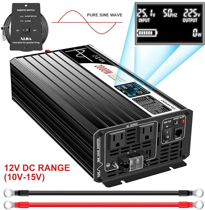 Xijia 2000W Pure sine Wave Power Inverter (Peak Power 4000W) dc 12v to 110v/120V ac 60HZ LCD-Display Bluetooth Remote Control,2 AC Outlets for RV, Camping, Boat,Outdoor