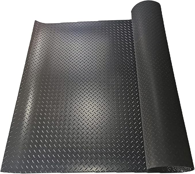 Boshen 7.5Ft x 17Ft Garage Floor Mat 2.5mm Thickened Rubber Flooring Roll 127.5sqft Diamond Plate PVC Rubber Trailer Mat Non-Slip Floor Protector Mat for Garage Warehouse Basement Trailer- Black
