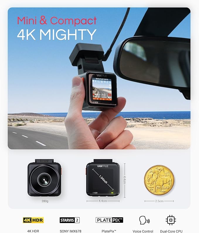 Vantrue E1 Pro 4K Mini Dash Cam Front, STARVIS 2 PlatePix HDR Night Vision Car Camera, Built-in 5G WiFi GPS, 1.54'' IPS Screen, LTE Support, Voice Control, 24/7 Buffered Parking Mode, Support 1TB Max