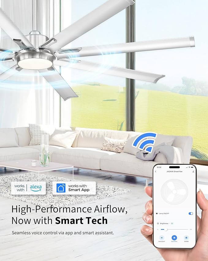 72 Inch Bruehed Nickel Ceiling Fan With Light,Smart Fan Work With Alexa,Industrial Ceiling Fan With 8 Aluminium Metal Blades,Ideal for Courtyard,Patio and Living Room,CF04BN-72