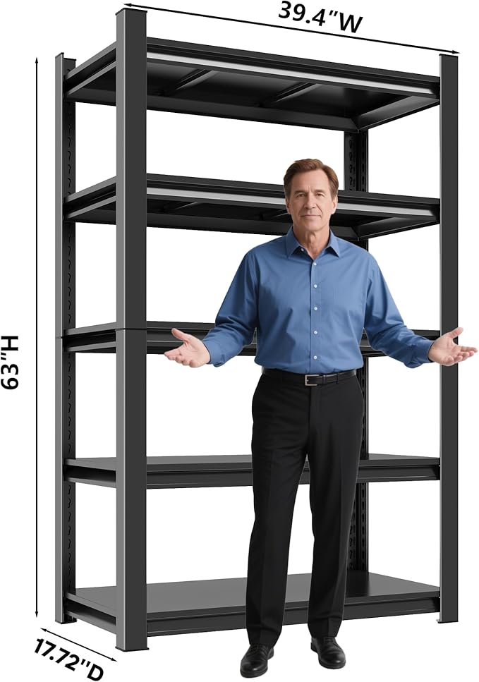 Metal Storage Rack Tier Height Free Adjustable Garage Tool Rack Load Capacity 3000lbs Industrial Storage Rack,Black,Garage,Kitchen,Bedroom,Garden (5-Tier63.0" H*39.4" W*17.7" D)