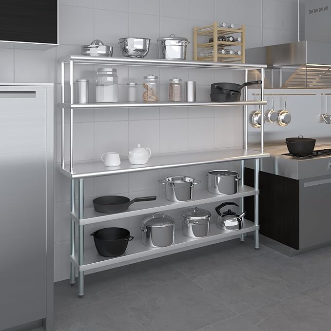 Amgood Stainless Steel Work Table with 2 Shelves & Overshelf | Metal Kitchen Prep & Shelving Combo (14" x 72" Table + 12" Overshelf)