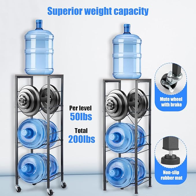 3-Tier 5 Gallon Water Bottle Holder with Lockable Casters, Heavy Duty Water Jug Rack with Wood Top Shelf, Water Dispenser Stand for Kitchen, Office, Garage
