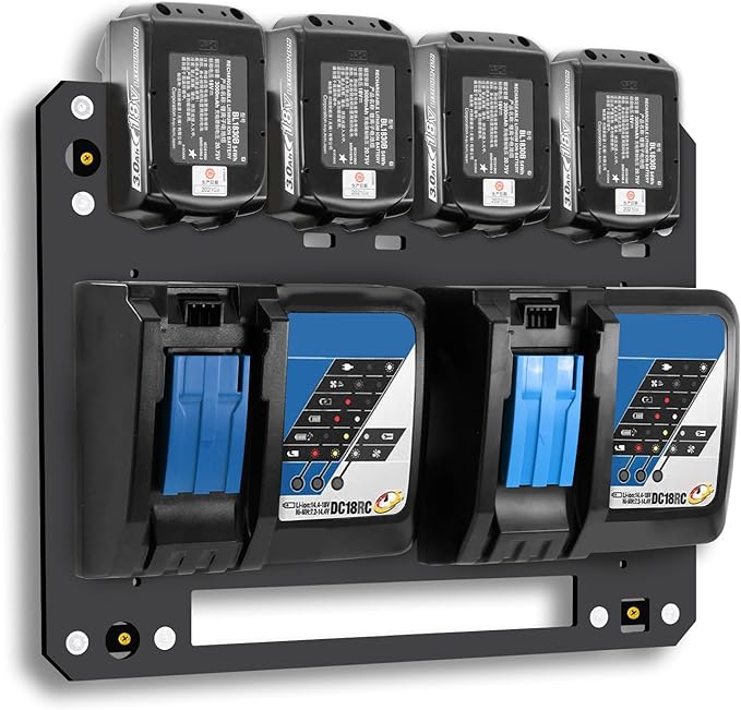 FETESNICE Metal Charger Mount for Makita Battery Holder and DC18RC DC18RD Charger,Stable for Makita Wall Mount Charger,1-4-Slot Battery Storage Rack for Makita,Order in Workspace and Garage