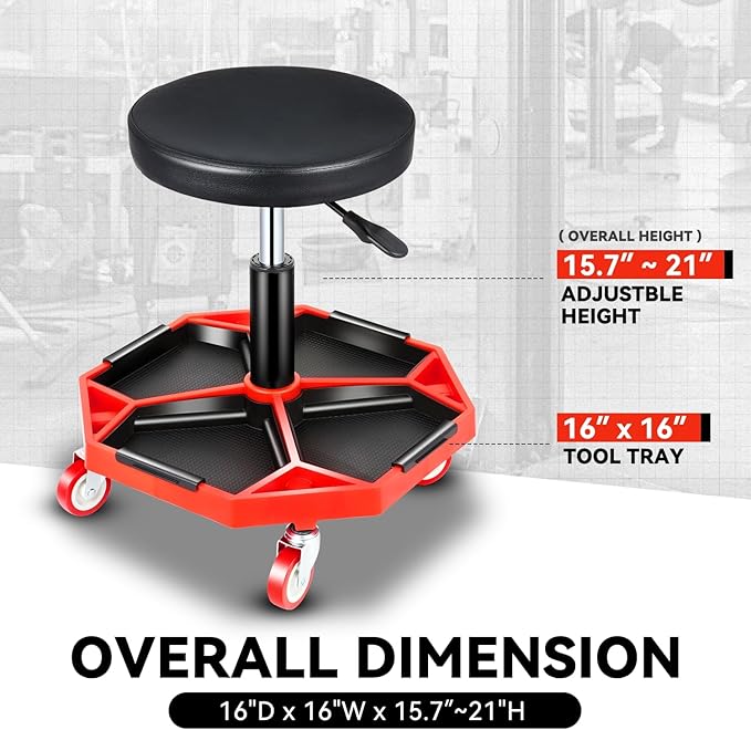 Auto Dynasty Mechanic Stool, Adjustable Rolling Pneumatic Creeper Garage Shop Seat with Tool Tray, 300 LBS Roller Seat for Workshop Auto Repair, Adjustable Height 15.7" to 21", Black/Red