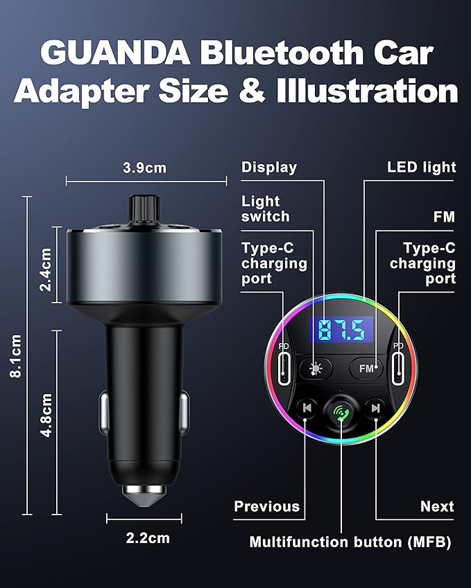 Dual PD 40W Type-C USB Car Charger Bluetooth Car Adapter Bluetooth 5.3 FM Transmitter for Car with Microphone & HiFi Sound MP3 Music Player Radio Audio Receiver Support Hands-Free Calling