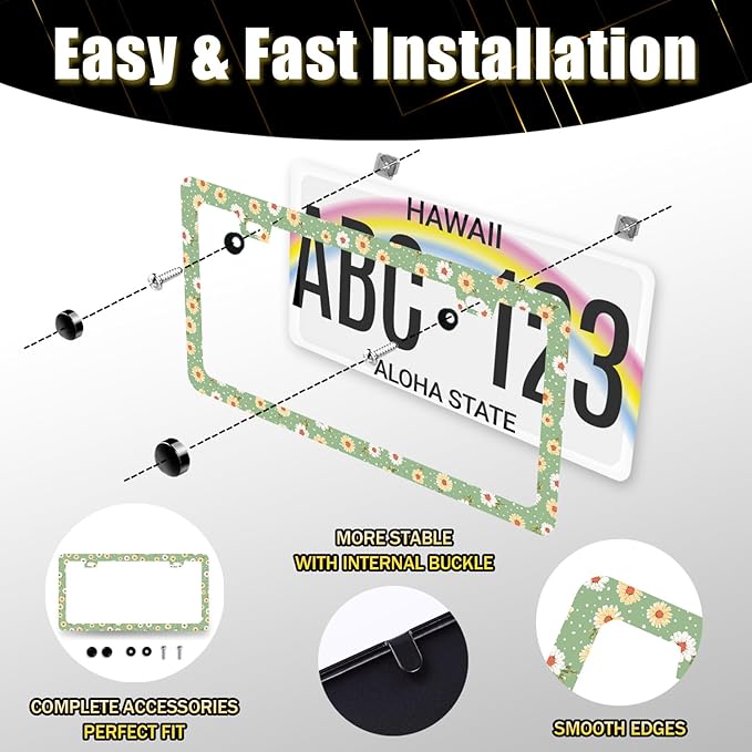 Cute Daisy Floral License Plate Frame Beautiful Flowers License Plate Holder for Personalized Car Decorative Stainless Steel Colorful License Plate Daisy Auto Part with Screws 12.2" x 6.2"