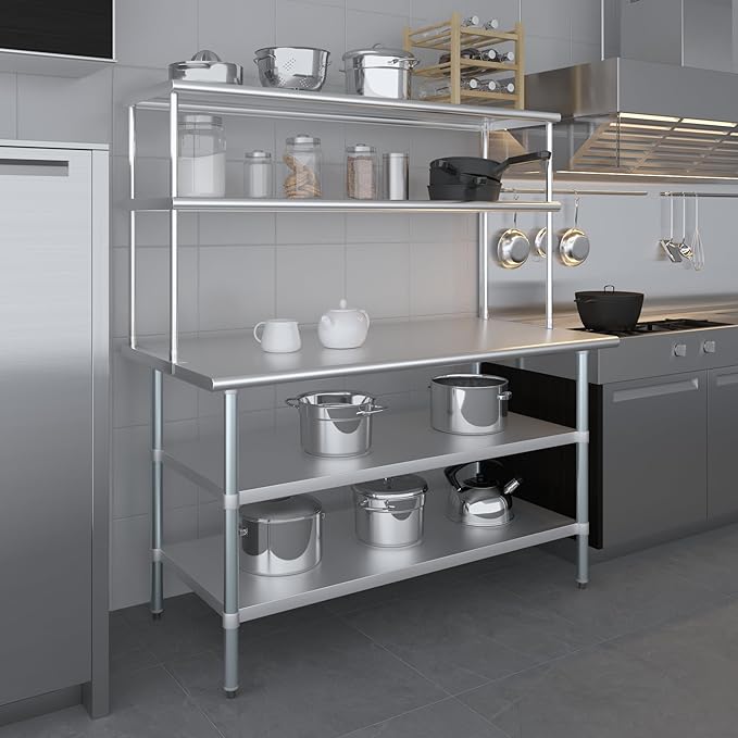 Amgood Stainless Steel Work Table with 2 Shelves | Metal Kitchen Prep Table & Shelving Combo (30" x 60" Table with 2 Shelves + 18" Overshelf)