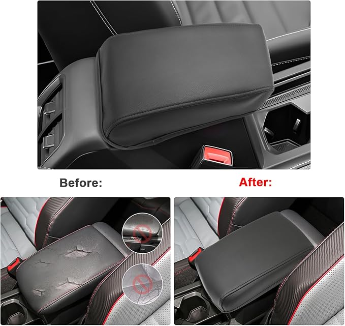 SXCY for 2024 VW Tiguan Armrest Cover for Volkswagen Tiguan 2024 Accessories 2018-2022 2023 2024 Tiguan Center Console Cover 2024 Tiguan Middle Console Cover (Black Leather Cover)