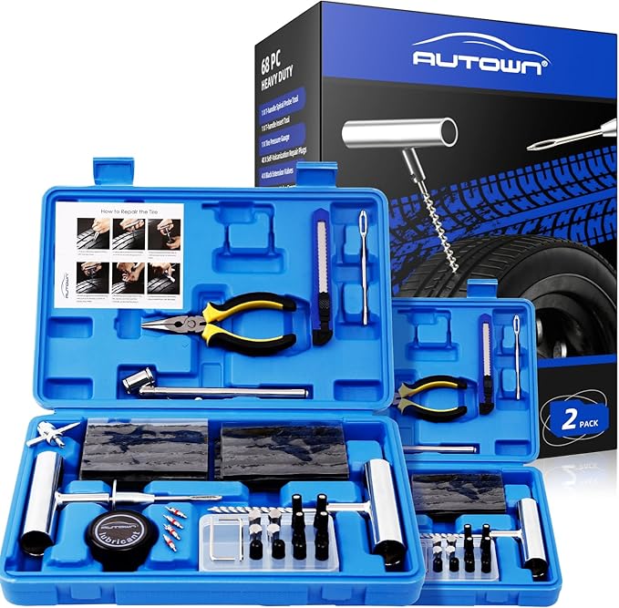 Flat Tire Repair Kit with Plug 68 Pcs for Car, Motorcycle, ATV, Jeep, Truck, Tractor Flat Tire Repair (2-Pack) (Set of 2-68pcs)