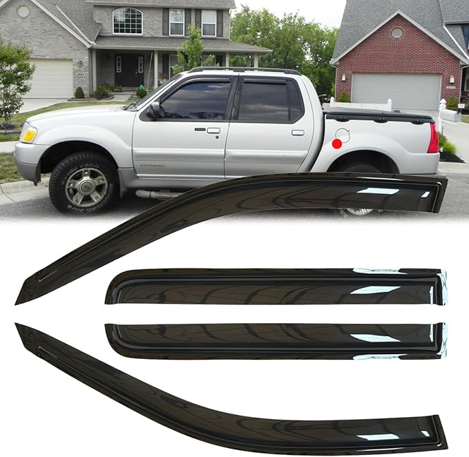 4pcs Original Shatterproof in-Channel Style Window Rain Guards Shield Side Wind Deflectors Dark Smoke Vent Window Visor for 2001-2005 Explorer Sport Trac 1997-2001 Mercury Mountaineer 4-Door 94074