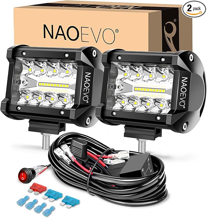 NAOEVO 4 Inch LED Pod Lights, Spot Flood LED Fog/Driving/Off Road Lights with 2 Leads Wiring Harness, Cube Pods for Truck Boat ATV UTV, 2 Pcs (White)
