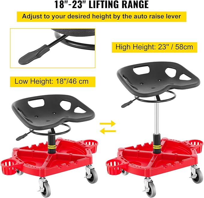 VEVOR Rolling Garage Stool, 300LBS Capacity, Adjustable Height from 18 in to 23 in, 360-degree Swivel Wheels (4"), Large Tool Tray with Two Bottle Holder, for Workshop, Auto Repair Shop, Red