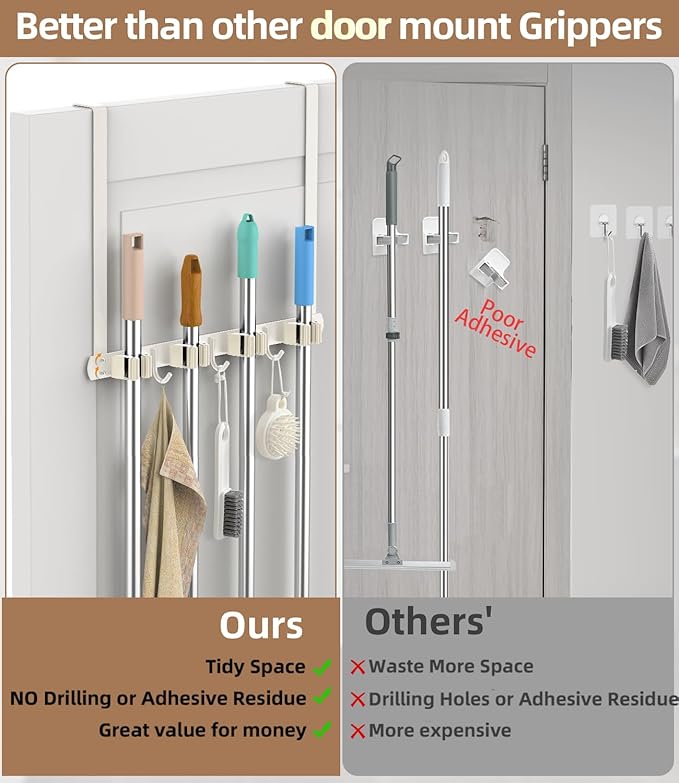 Broom Holder Over The Door - 304 Stainless Steel Mop and Broom Holder Wall Mounted or Hanging Over The Door with Hooks - Broom Hanger - white, Broom Storage Tool Organizer for Closet Laundry