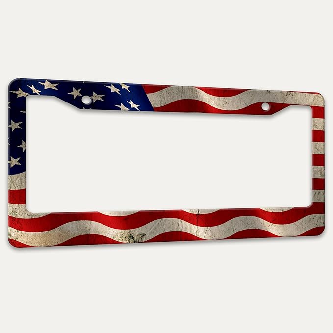 Vintage American Flag License Plate Frame USA Flag Patriotic License Plate Holders Funny Stainless Steel Auto Accessory Bracket 2 Hole with Screws Universal Us Car License Plate Frames 6x12 Inch