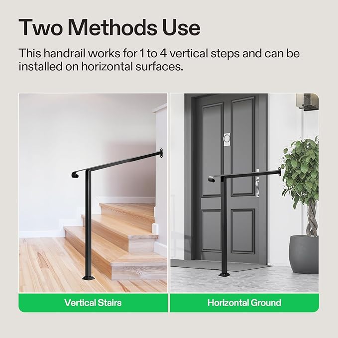 VIVOSUN Outdoor Handrail, 4 Step Stair Handrail, 47.5" x 39" Fits 1 to 4 Steps, Wrought Mattle Iron Stair Railing with Single Curved End for Concrete Steps, Porch Steps, One-Step Assembly, Black