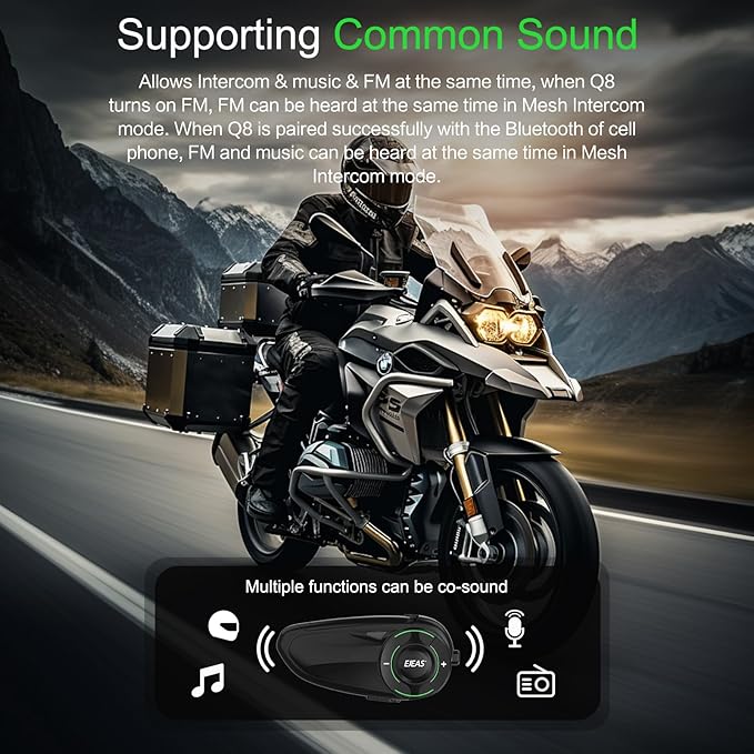 EJEAS Q8 2PC Motorcycle Bluetooth Headset, Upgraded Mesh 3.0 Intercom System with Music Sharing and IP67 Waterproof for 6 Riders Group Talking