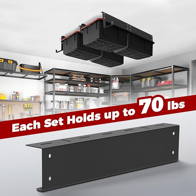 Overhead Garage Storage Rack System – Heavy-Duty Adjustable Ceiling Rails for Totes, Fits Most Storage Bins (8 Sets Hold 4 Bins Each)