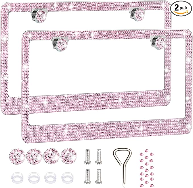 2 Pack License Plate Frames for Women, Sparkly Rhinestone Diamond Car Accessories with Glitter Crystal Caps (Pink (2PCS))