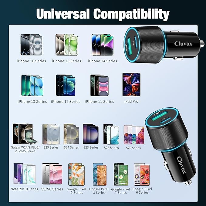 Cluvox 5 Pack USB C Car Charger, 38W Fast Charging for iPhone 16 Pro Max/Plus/16 SE/15/14/13, Samsung Galaxy S25 Ultra/S24/S23/A16/A15/A55, Google Pixel 9, 12V Type C Cigarette Lighter USB Charger