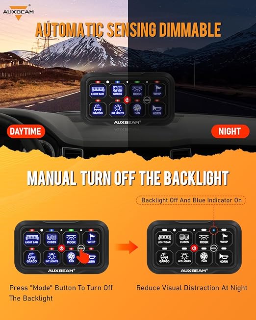 Auxbeam RC800 8 Gang Switch Panel RA84 RGB Wireless Remote Control Up to 165FT Range Automotive Switch Pod Featuring 3 Lighting Modes Backlit Off Waterproof for Car Boat Truck RV 2-Year Warranty