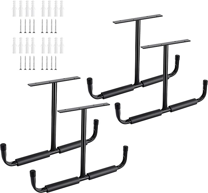 Sinoer Garage Ceiling Storage Hooks,Wall Mounted Hooks, Heavy Duty Utility Hooks for Ladder,Bike,Wood, Tools & Other Bulky Items (4 Pack, Black)