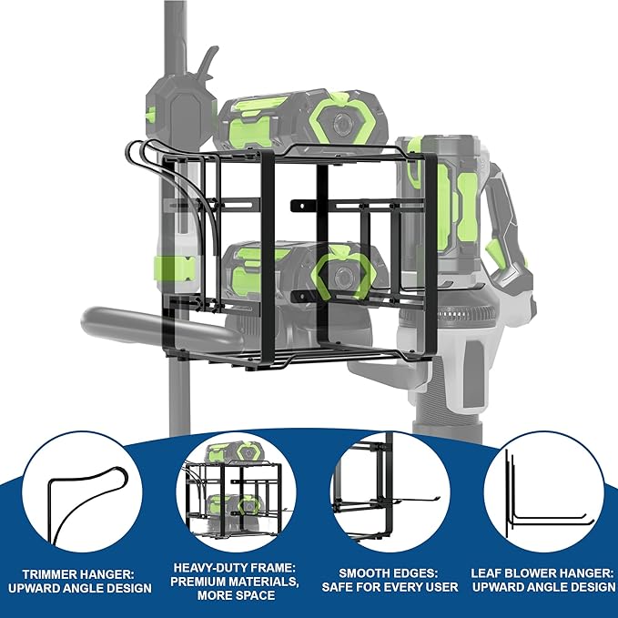 Pugala Universal Storage Rack for Leaf Blower, Weed Eater, and Power Tools – Adjustable Wall Mount Organizer with Heavy-Duty Steel, Powder-Coated Finish, and Battery Storage – Black
