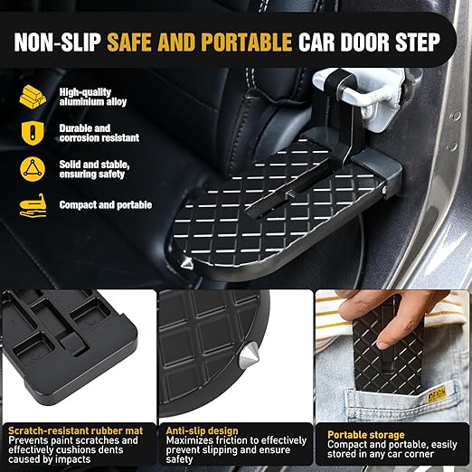 Nilight Car Door Step for Roof Access Universal Car Step Hook for Roof SUV Trucks Folding Aluminum Alloy Vehicle Door Latch Step Pedal with Glass Breaker Safety Hammer, Max Load 400lbs, 2 Pack Black