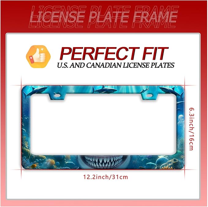 Shark License Plate Frame Ocean Marine Fish License Plate Holder Funny Stainless Steel Accessories Cars Decor with 2 Holes and Screws Fits Standard Us Ca Vehicles License Plate Frames 12.2 X 6 Inch