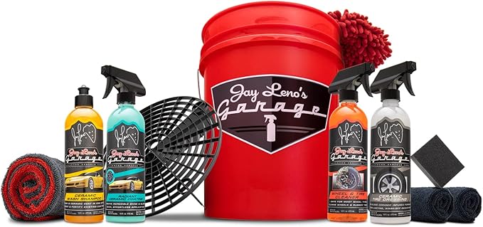 Jay Leno's Garage Ceramic Car Detailing Bucket Kit - Sprays, Liquids, Microfiber Towels, Applicators and Wash Mitt