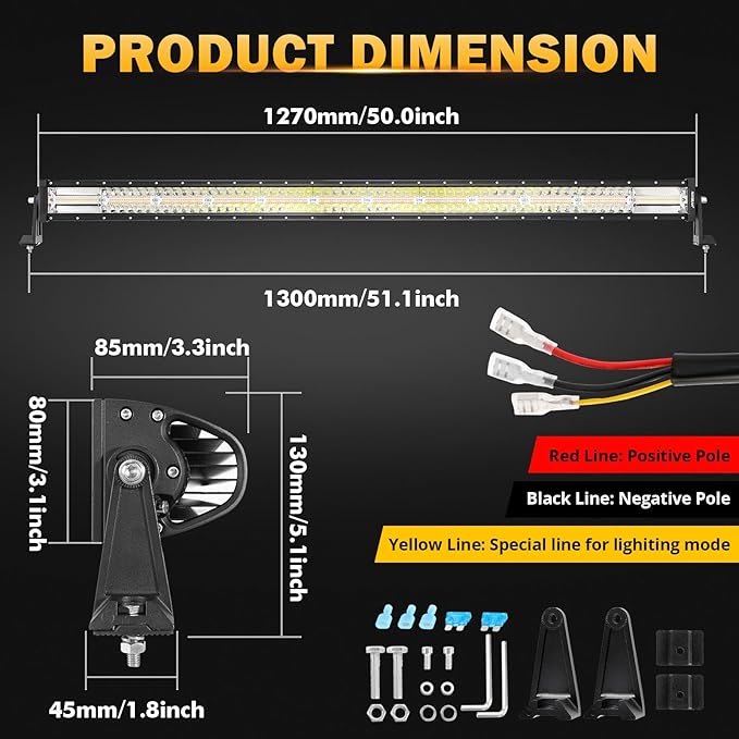 Auxbeam LED Straight Light Bar 50 Inch 288W Amber White Fog Lights, 6 Modes Strobe Yellow Offroad Driving Work Light with Memory Function for Truck Boat Jeep