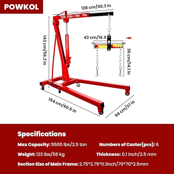 5500 Lbs Folding Engine Hoist, 2.5 Ton Engine Crane with Lever, with 6 Casters, 8 Ton Hydraulic Pump 4 Adjustable Position, Cherry Picker for Garage, Workshop, Repair