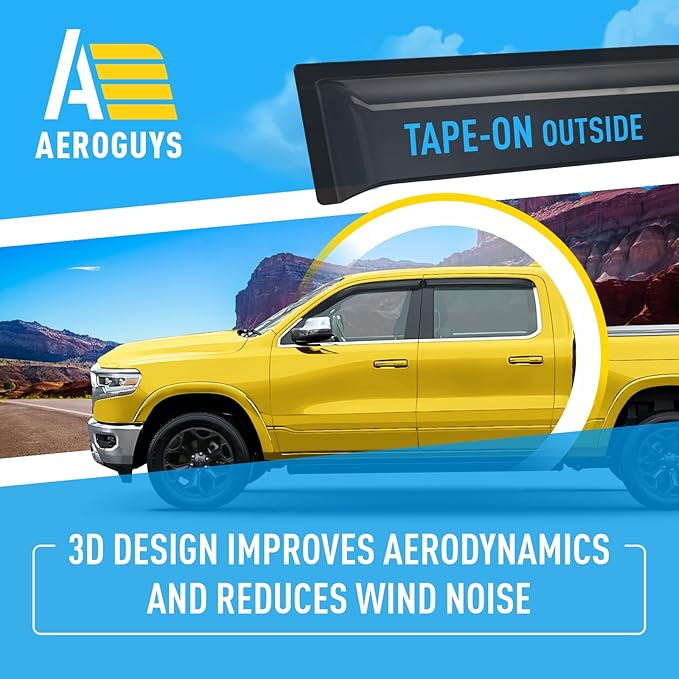 Extra Durable Window Deflectors Tape-On Window Visors Rain Guards Fit for Dodge Ram 1500 (New Body Style) 2019-2025 Crew Cab, Sun Visors, Wind Vent for Shades, Exterior Car Accessories - 4pcs. AG0717