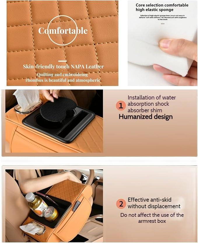 Car Center Console Cover Booster Multifunctional Car Center Console Cushion Pad with Cup Holder & Tissue Box & Side Pockets Arm Rest Cover for Car, Embossed, Black-red