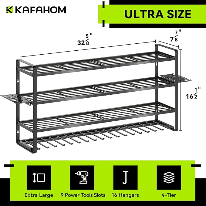 KAFAHOM Power Tool Organizer Wall Mount, 9 Drill Holders for Garage Organization,4 Layer Power Tool Rack,Tool Organizer and Storage with 2 New Accessories, Gifts Idea for Men/Dad/Husband
