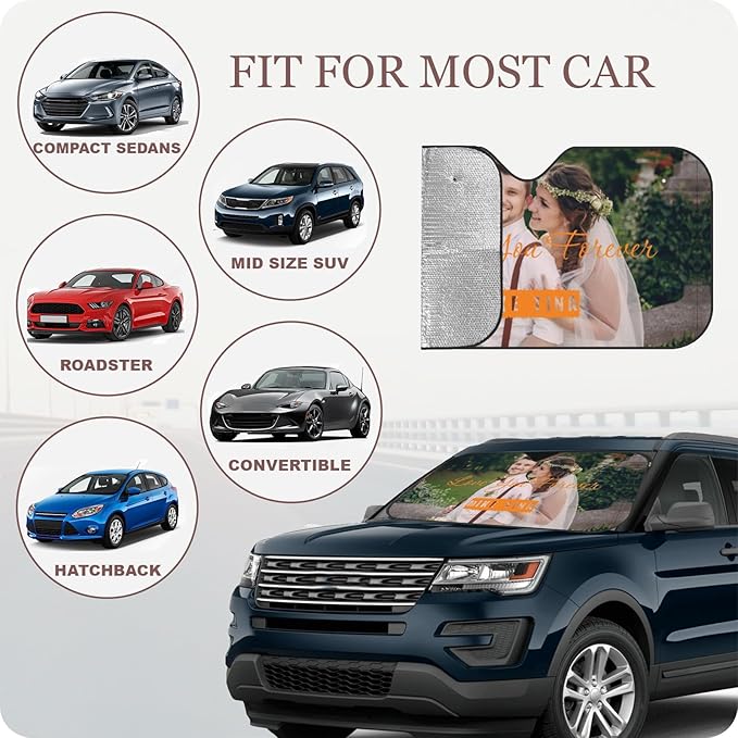 Custom Windshield Sun Shade for Car Personalized Window Sunshades Add Your Photo Logo Text Image Customize Car Sun Visor Foldable UV Ray Sun Protector for Sedans SUV Trucks (S)