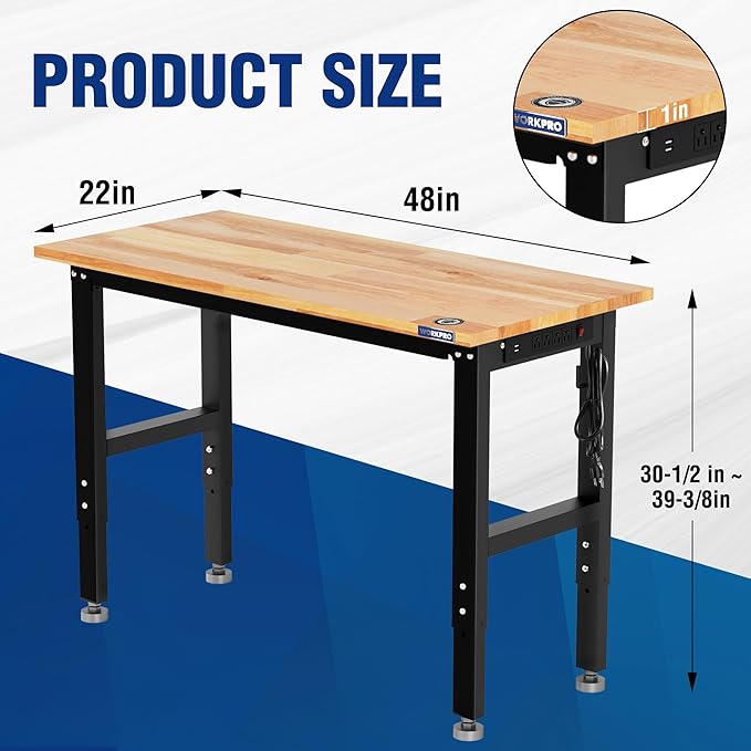 WORKPRO Adjustable Garage Workbench, 48"x22" Rubber Wood Top Heavy-Duty Work Desk with Power Outlets, Leveling Foot, 5 Heights, 1500 LBS Load Capacity Work Benches for Garage, Workshop