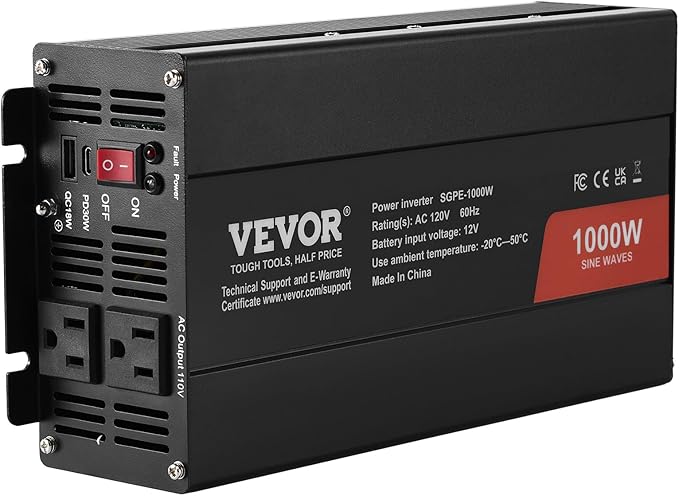 VEVOR 1000W Pure Sine Wave Inverter, DC 12V to AC 120V Power Inverter with 2 AC Outlets 1 USB Port 1 Type-C Port, Remote Control for Small Home Devices Like Smartphone Laptop, CE FCC Certified