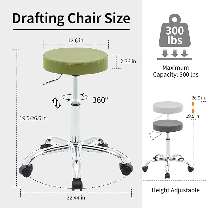 Office Drafting Chair, Adjustable Drafting Stool on Wheels 19.5’’-26.6’’, Green Salon Rolling Chair (Green)